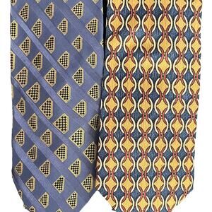 Lands' End Men's Ties Set Of Two 100%‎ Silk Neck Ties Geometric Blue Yellow EUC